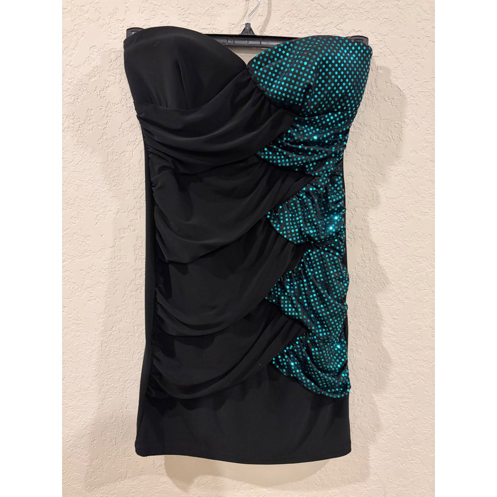 As U Wish Womens Strapless Ruched Bodycon Dress Black Teal Sequin Polka Dot L